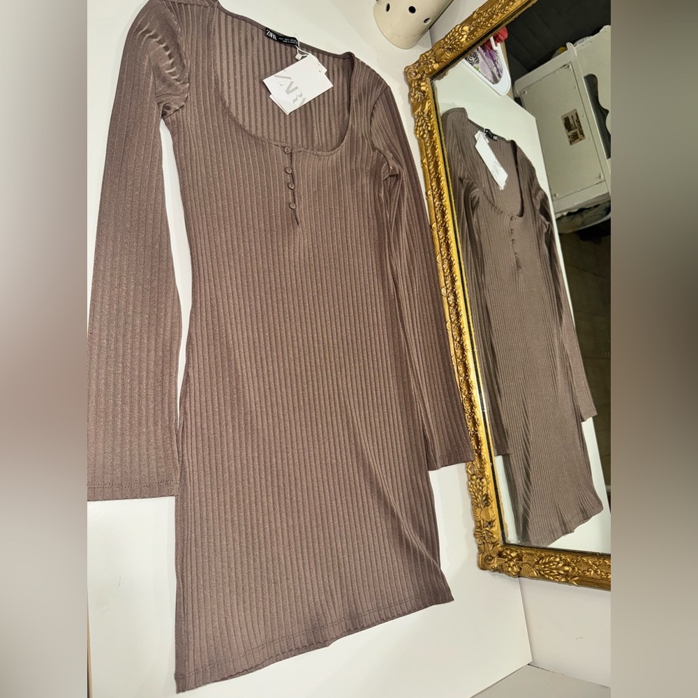 Ribbed Long Sleeve Brown Dress
